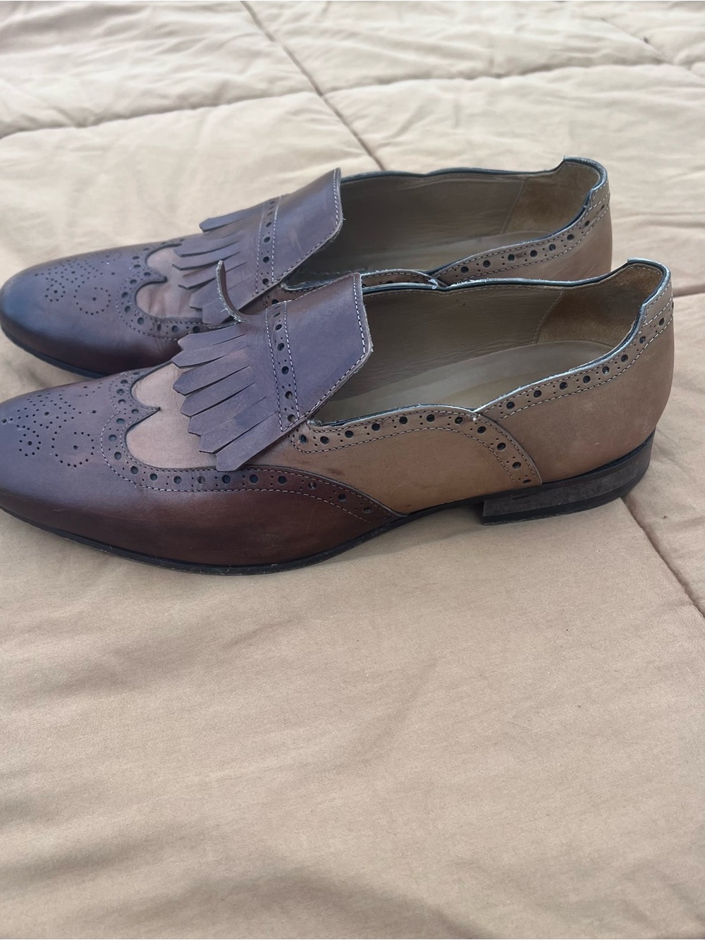 Paul Fredrick Two-Tone Brown and Tan Fringe Kiltie Tassel Loafers Size 8